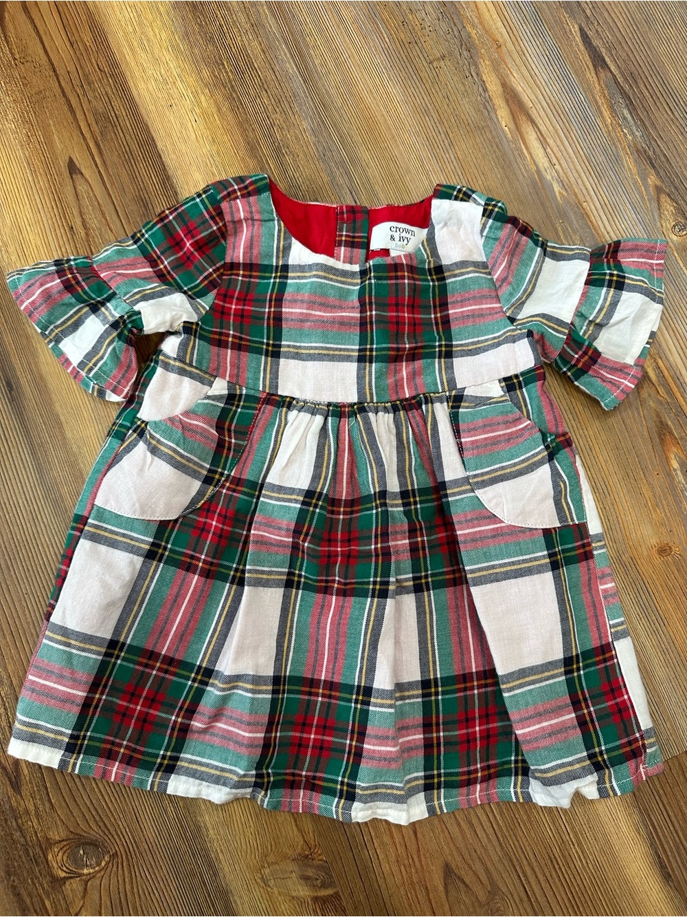 crown & ivy Baby Plaid Dress in Red, Green, Cream 12M